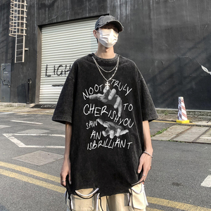 夏季印花做旧纯棉水洗送项链圆领短袖T恤 DT351P45控68图片