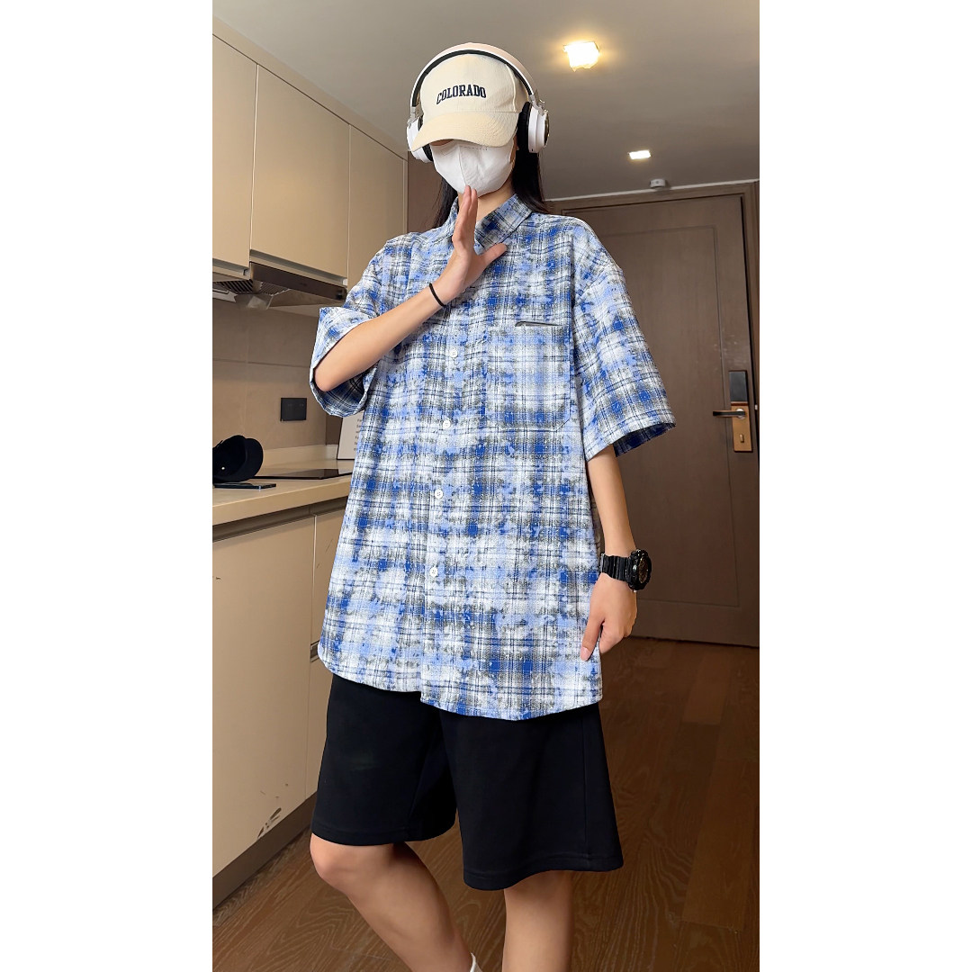 抖音夏季宽松彩格泼墨工艺短袖衬衫男生衬衣S225特批P38控58,男装衬衫,电商A247
