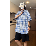 抖音夏季宽松彩格泼墨工艺短袖衬衫男生衬衣S225特批P38控58，男装衬衫，电商A247