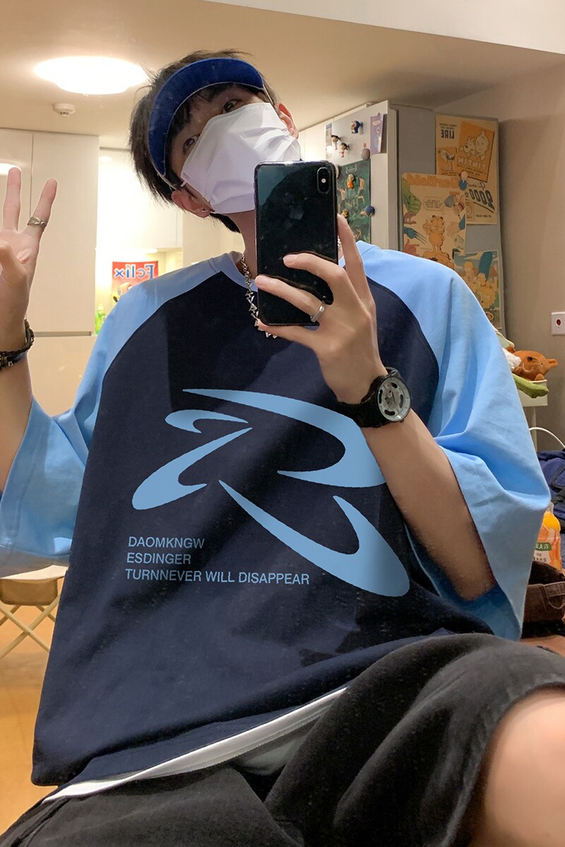夏季拼色时尚印花宽松半袖体恤圆领短袖T恤DT456特批P35控58,男装T恤,电商A247
