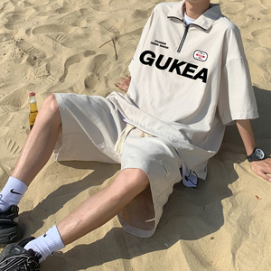 夏款半拉链短袖T恤时尚潮流短裤休闲速干套装TZ757特批P60控98图片