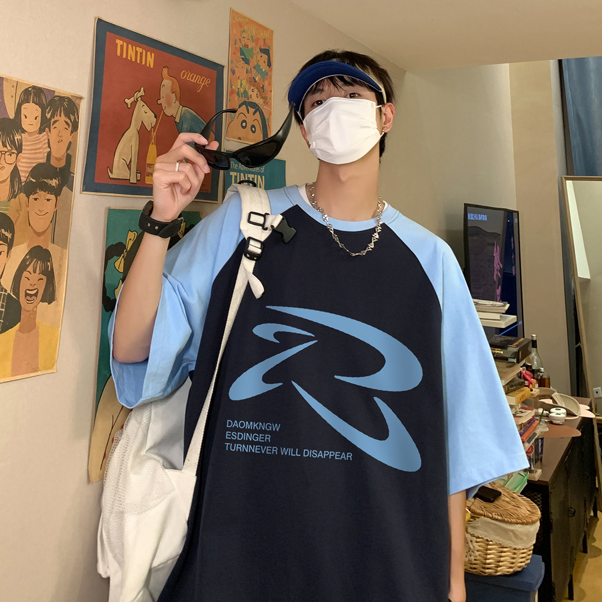 夏季拼色时尚印花宽松半袖体恤圆领短袖T恤DT456特批P35控58,男装T恤,电商A247