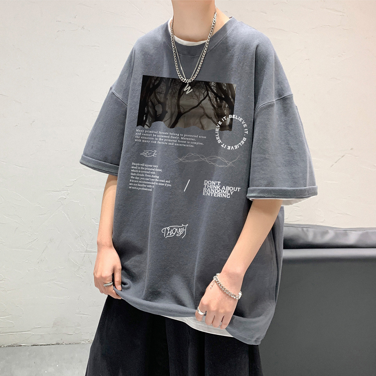 港风夏季圆领设计感ins时尚图案印花宽松短袖T恤T1080P25控38,男装T恤,电商A247
