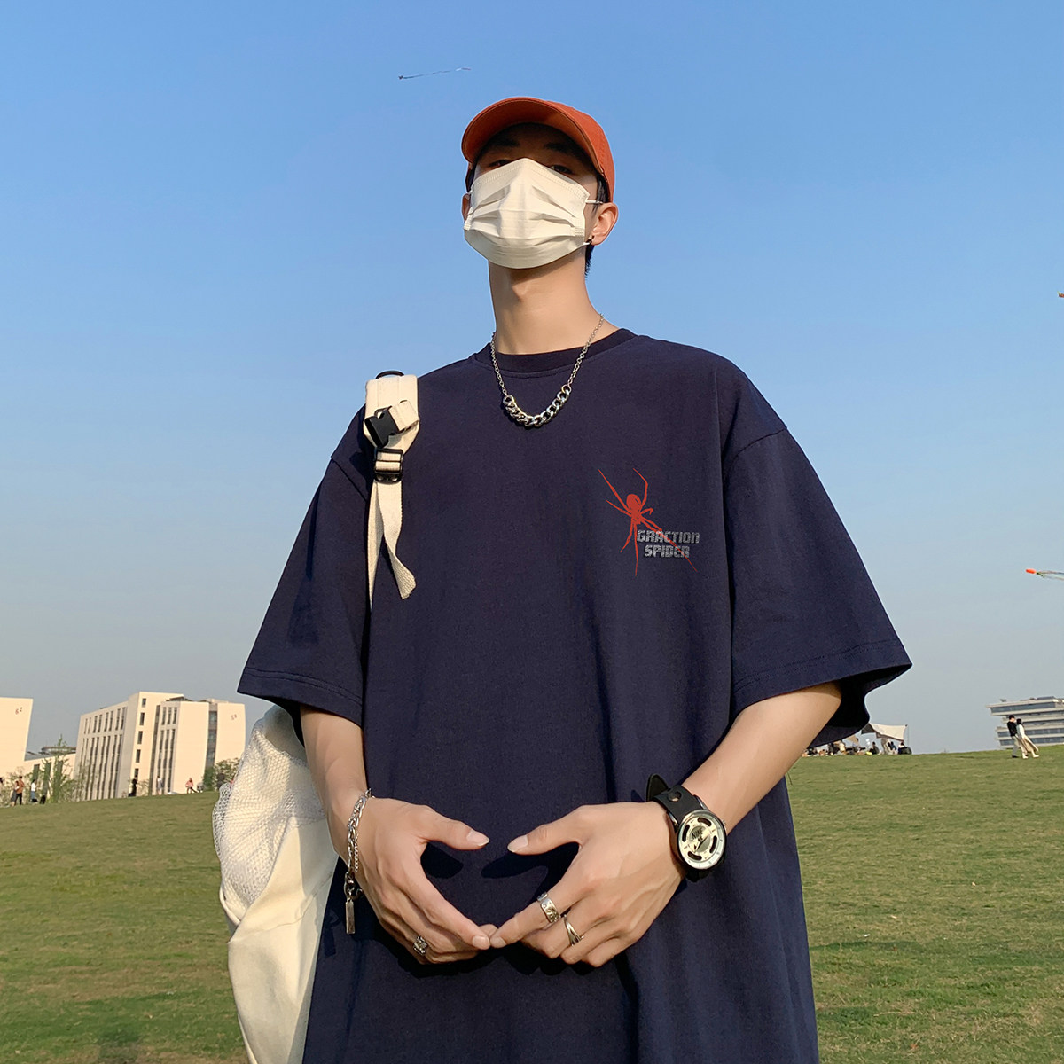夏季背后大蜘蛛印花宽松圆领短袖T恤T1174P25控38,男装T恤,电商A247