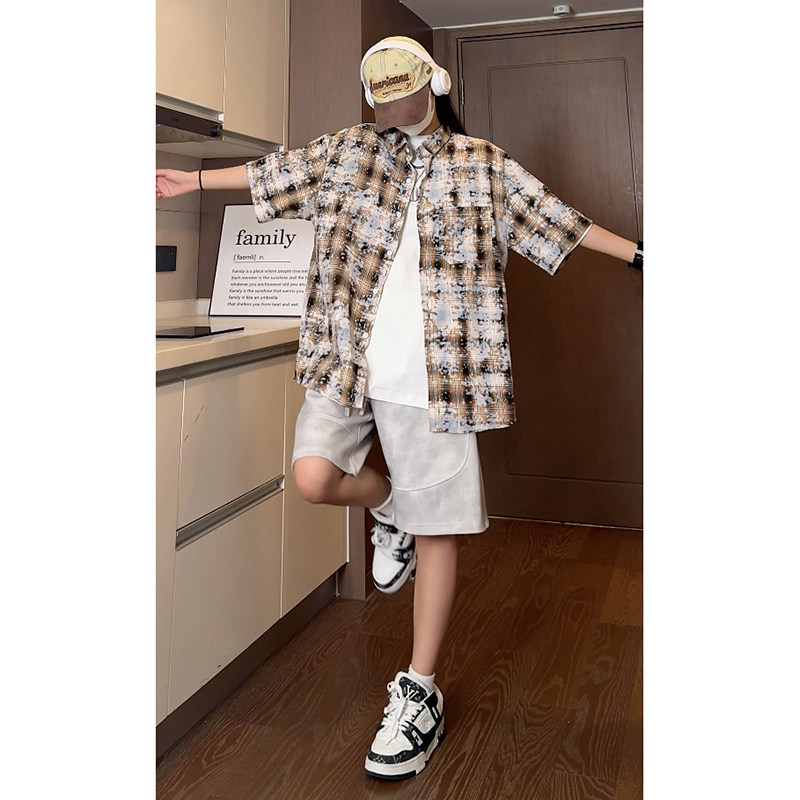 夏季彩格喷墨情侣衬衣宽松短袖衬衫S226特批P40控68,男装衬衫,电商A247
