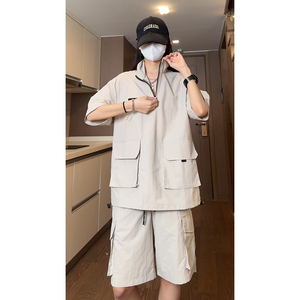 抖音 防水立领工装大口袋衬衫短裤休闲套装 TZ1440特批P65控108图片