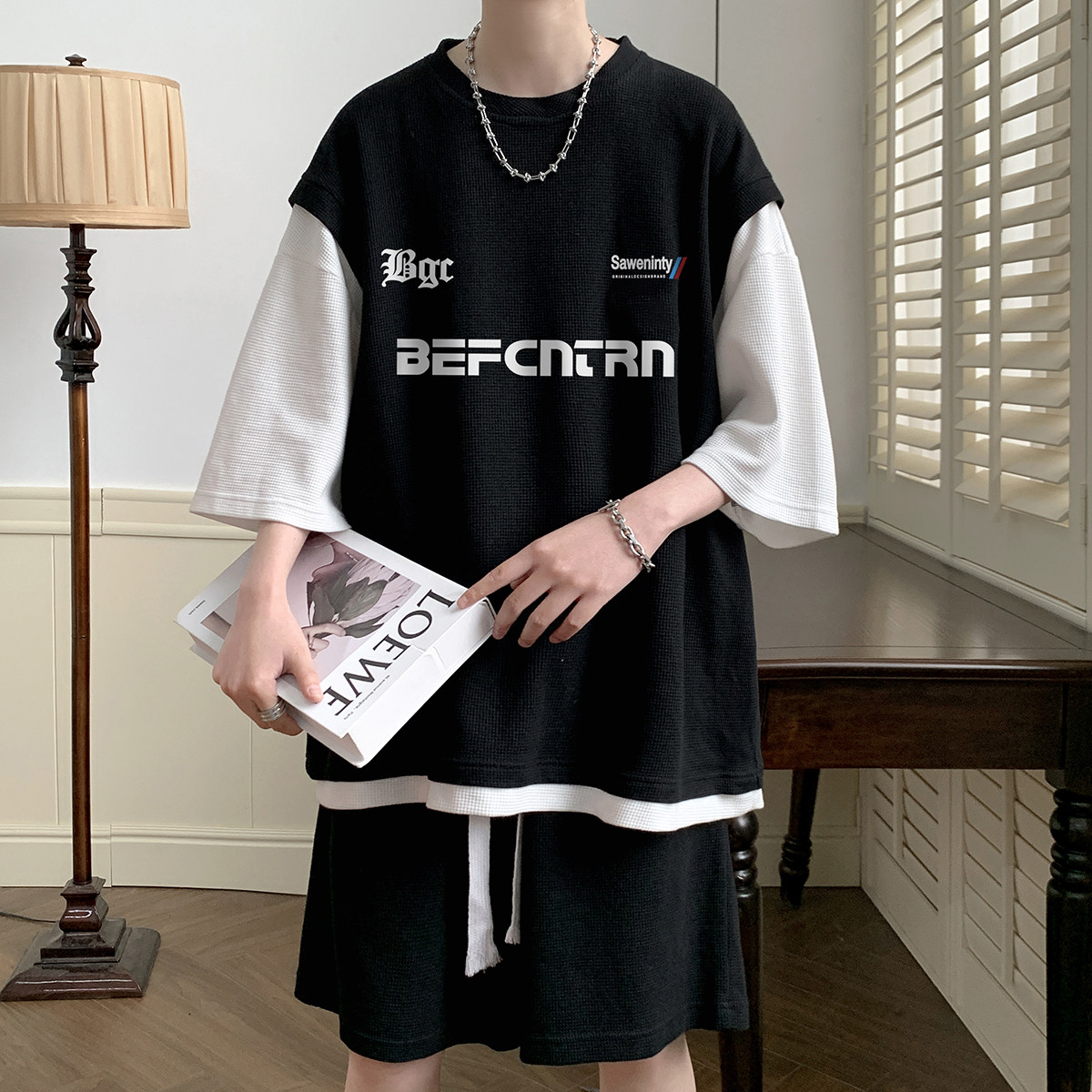 夏季华夫格短袖T恤宽松休闲短裤运动套装TZ625特批P60控98，男装休闲套装，电商A247