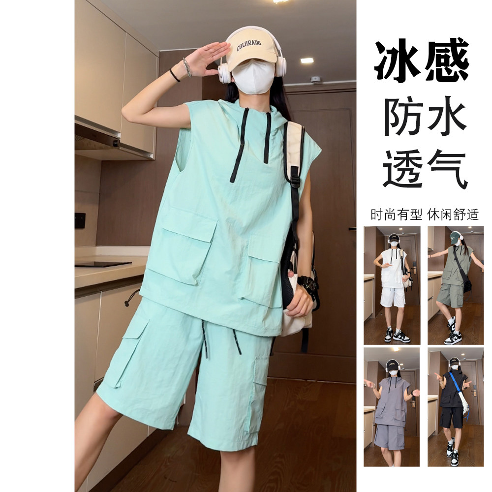 夏季潮流防水多拉链连帽背心T恤+工装短裤套装TZ1460特批P65控99,男装休闲套装,电商A247