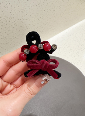 2025年新款复古红色发夹小号抓夹蝴蝶结水钻侧边刘海夹半扎发夹子