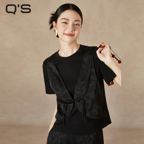 qs秸熙春秋新款改良轻国风假两件T恤衫手工盘扣圆领体恤显瘦上衣