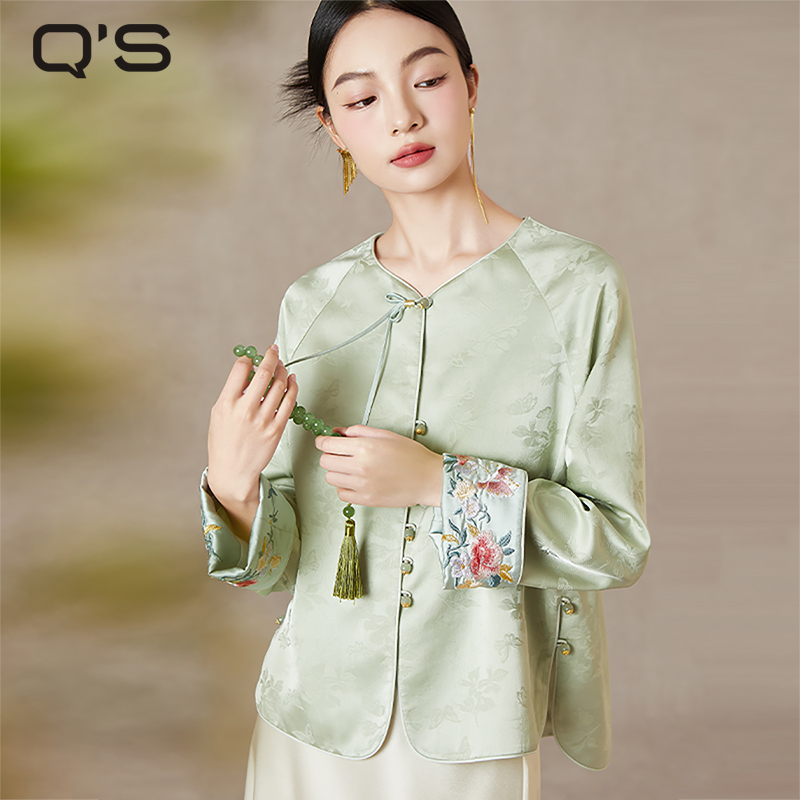 qs秸熙2024春秋新款改良新中式圆领外套提花手工盘扣显瘦绣花上衣
