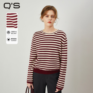 qs秸熙2026春秋慵懒风圆领毛衣撞色条纹宽松绵羊毛针织衫宽松上衣