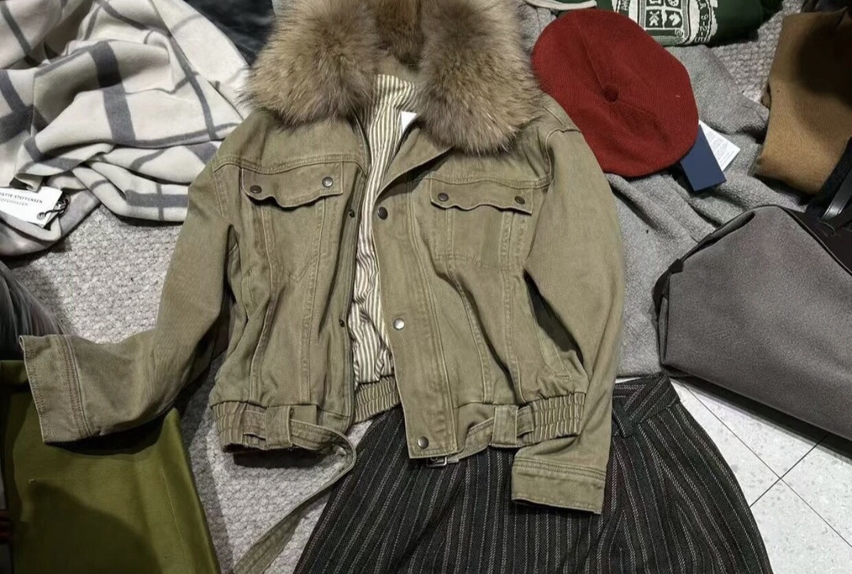 冬装新款狐狸毛领加厚毛绒内里牛仔棉服外套复古宽松短款夹克上衣