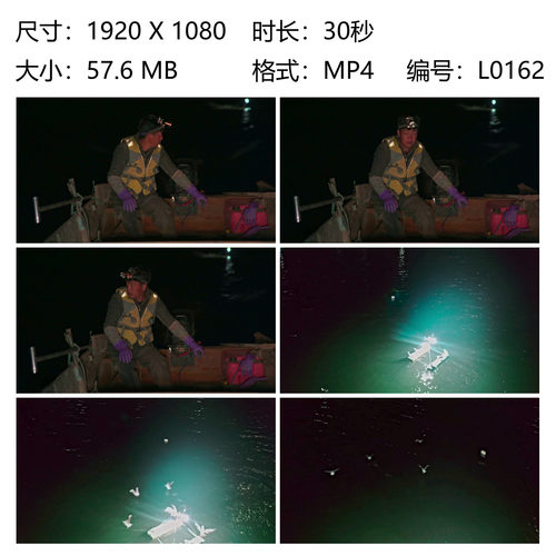 船夫夜航关发动机避渔网头灯照亮水面浮标灯闪烁水鸟惊飞龙羊峡青