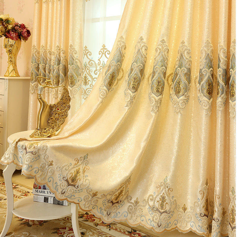 欧式简约大气绣花窗帘客厅卧室纱帘遮光布轻奢落地窗别墅香港开口