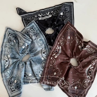 美式复古牛仔街头感腰果花图案方巾式发圈丝巾扎发发饰女