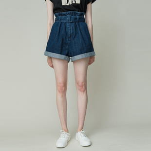 M家 2020夏季新品纯色高腰系带翻边牛仔休闲短裤 028DSG11-0010
