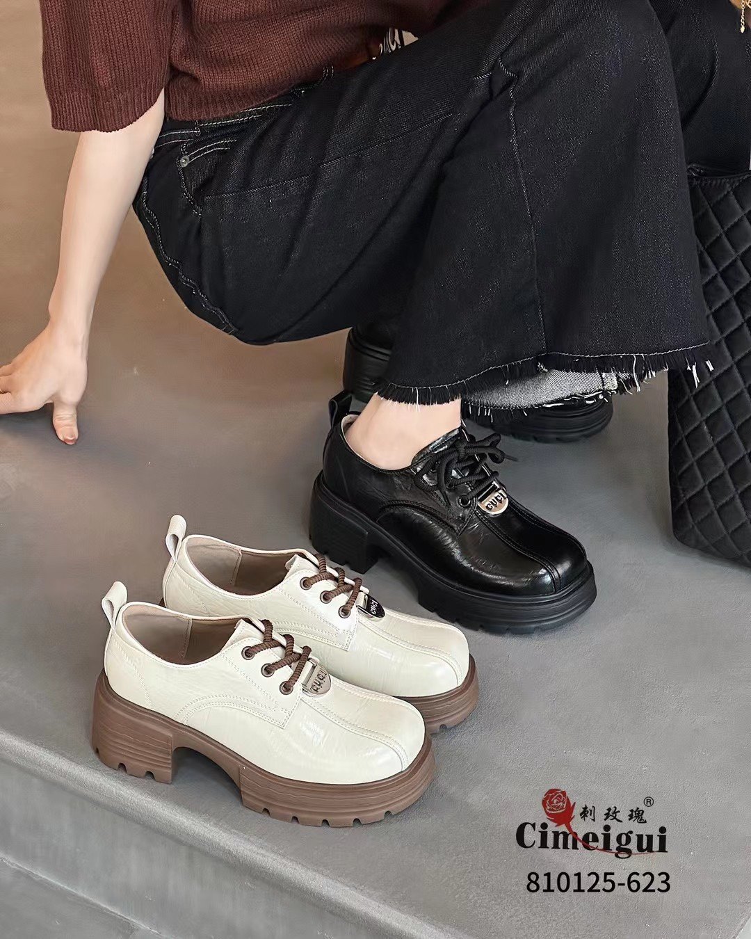 刺玫瑰正品女鞋2025春季时尚系带油皮厚底粗跟英伦风增高单鞋623