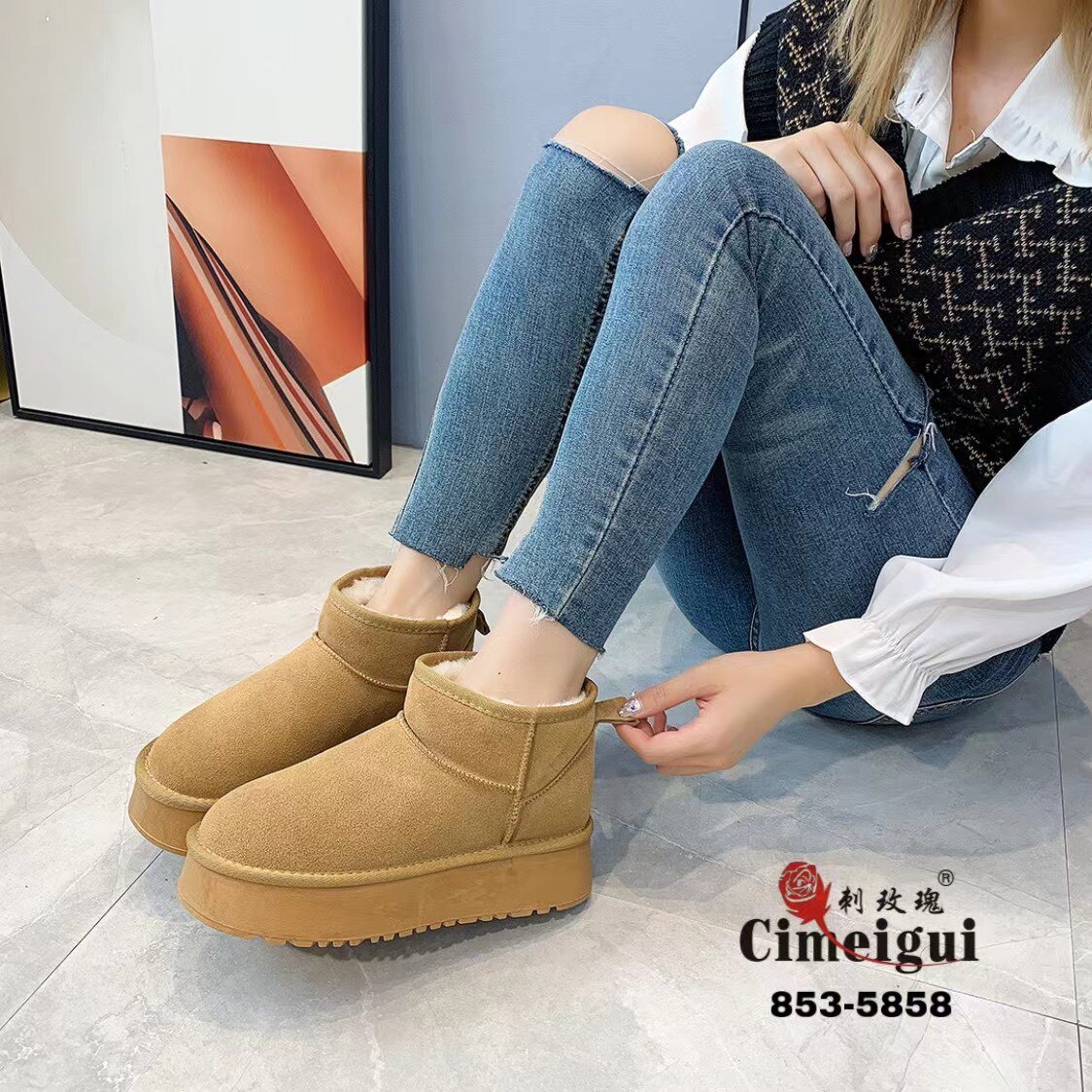 刺玫瑰正品女鞋2024秋冬磨砂牛皮加绒厚底保暖舒适雪地靴5858