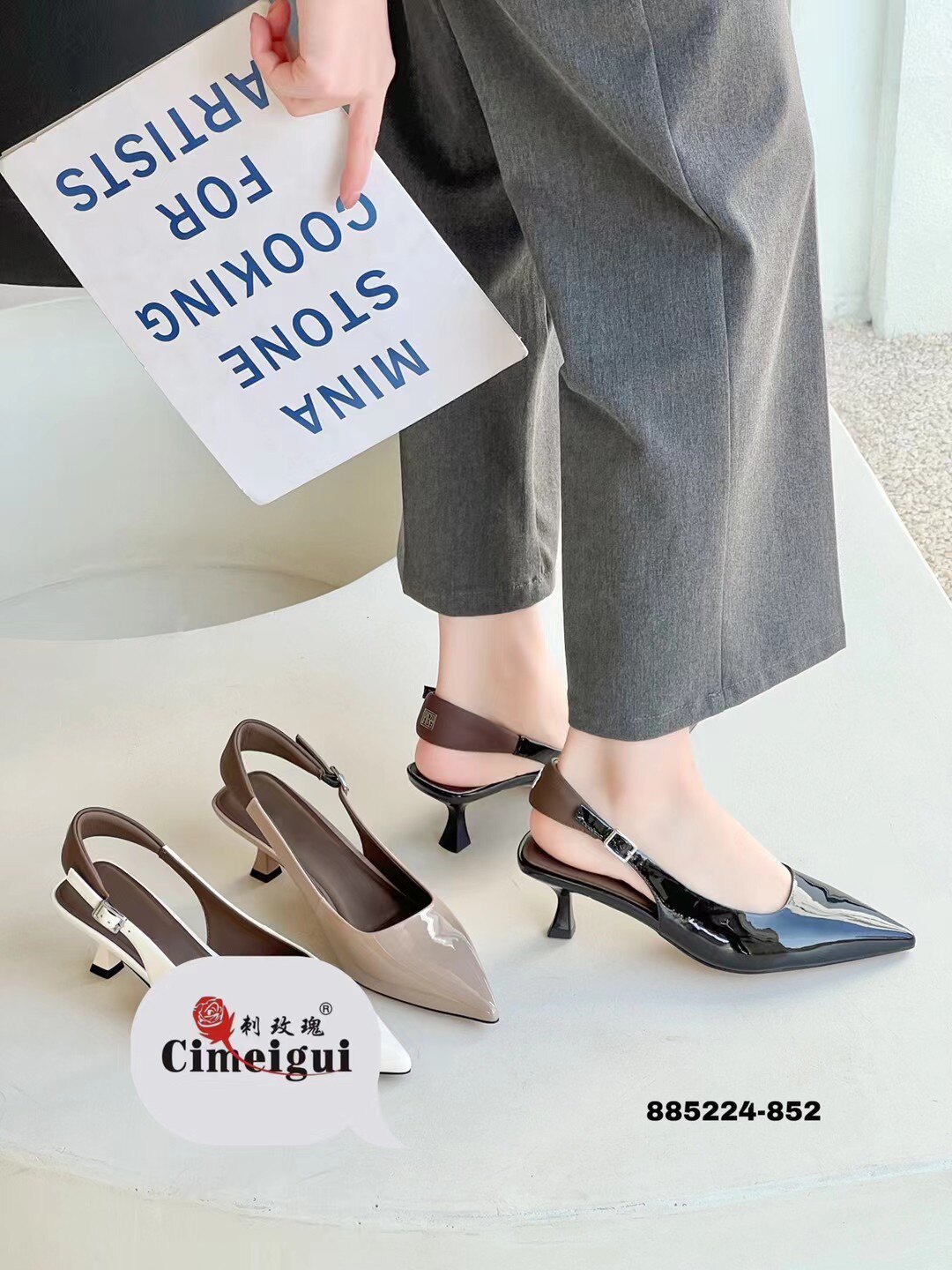 刺玫瑰正品女鞋2024夏季时尚法式轻奢牛漆皮尖头高跟后空凉鞋852