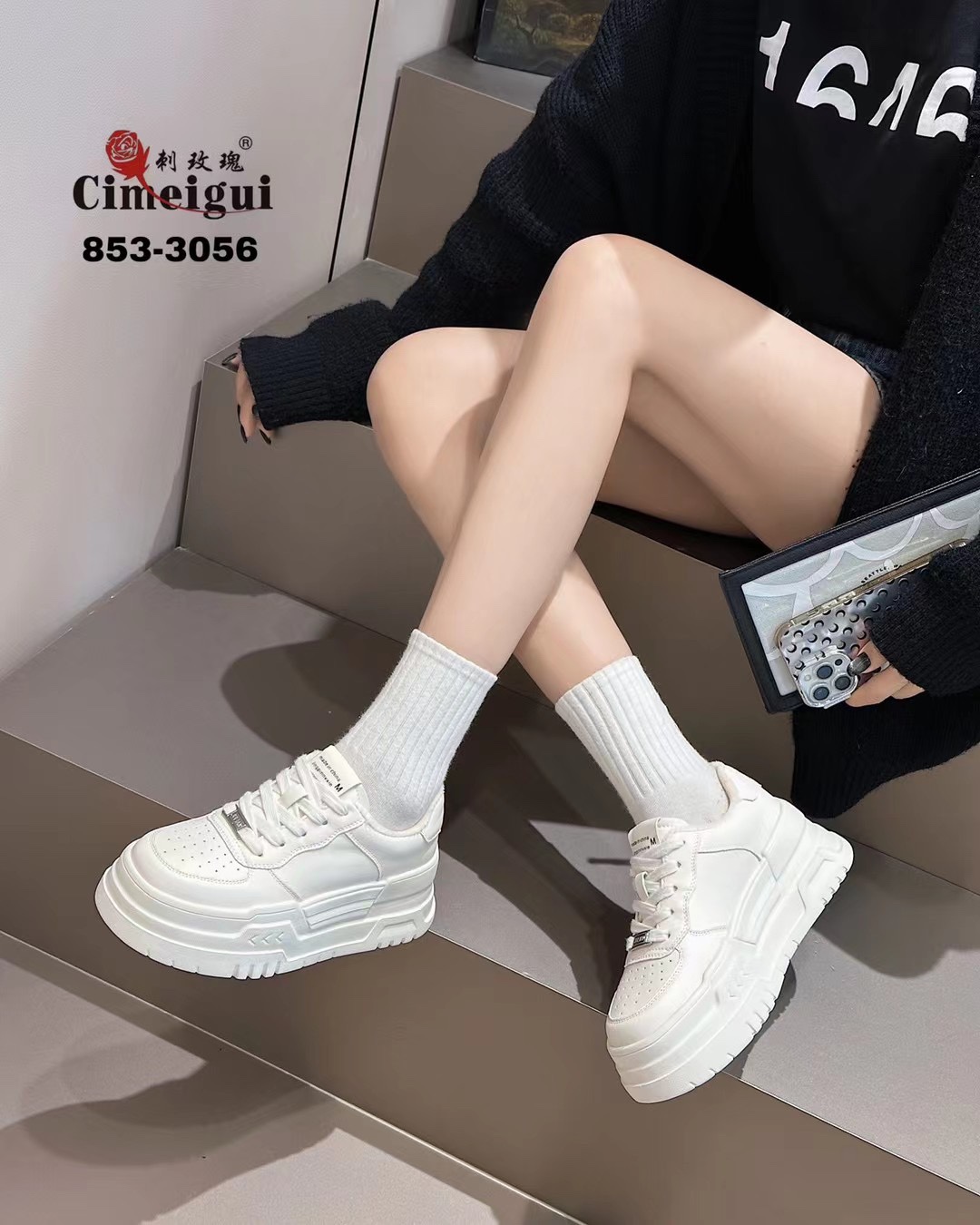 刺玫瑰正品女鞋2024秋冬绒里轻便厚底高6厘米运动休闲小白鞋3056