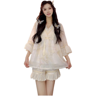 Bananagirl睡衣夏季女冰丝凉感公主风三件套大码女士家居服薄短裤