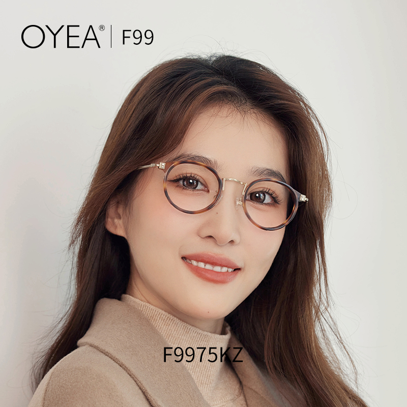 OYEA近视眼镜女复古圆框板材玳瑁色度数眼镜框架男纯钛镜腿 F9975