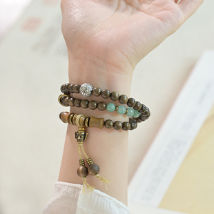 竹林深处四川金丝楠木中式文艺风香木佛珠手链天青玉竹叶银转运珠