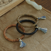 天然老桃木手镯款 桶珠手串黑檀木绿檀木手链铜护身好运佛珠男女款