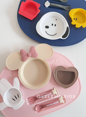 日本制锦化成卡通米奇米妮史努比儿童餐盘宝宝辅食碗餐具叉勺套装