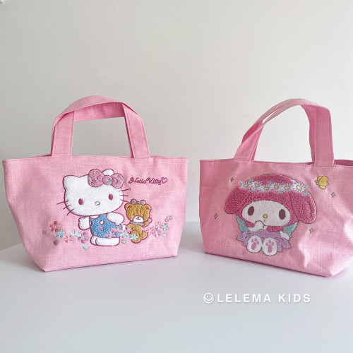 日本购三丽鸥50周年kitty美乐蒂刺绣帆布手提包便当手拎包收纳包
