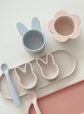 LLM 韩国Rocou高端铂金硅胶宝宝婴儿辅食小碗耐高温防摔餐具套装