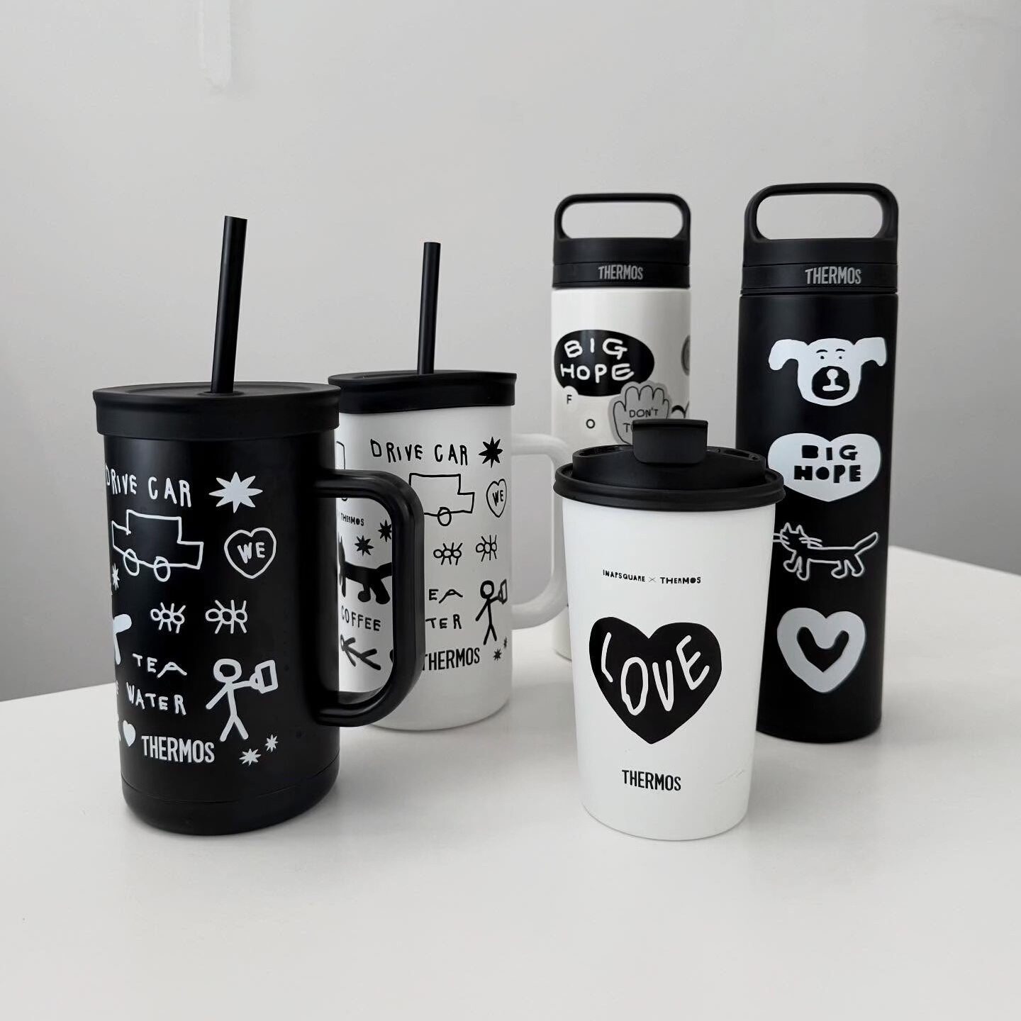 韩国膳魔师THERMOS联名inapsquare涂鸦不锈钢保温咖啡杯吸管水杯