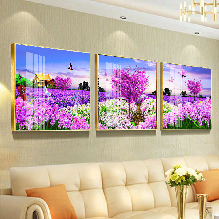 北欧客厅装饰画现代简约沙发背景墙挂画餐厅卧室冰晶玻璃画薰衣草