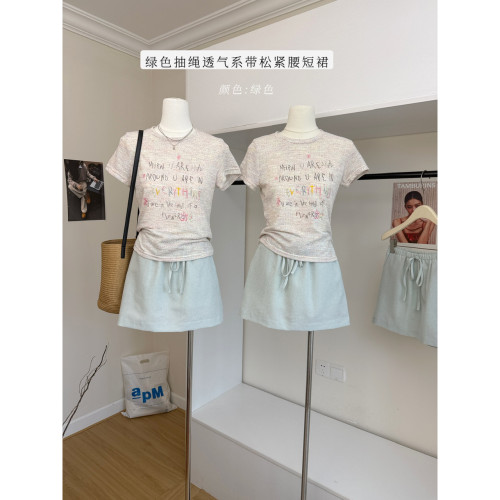 OOKSTUDIOS100亚麻黄绿色刺绣短裙子女显瘦松紧抽绳半身裙潮