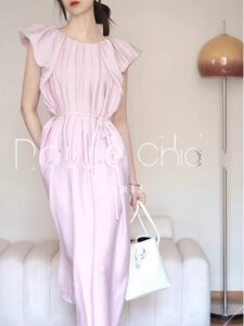 rouje chic法式夏季新款温柔风飞飞袖宽松连衣裙女圆领显瘦长款裙