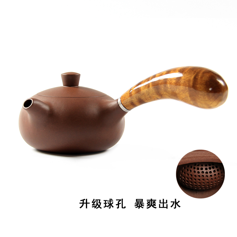 正宗宜兴紫砂壶木侧把茶壶名家纯手工紫泥朱泥楠茶具木柄唐羽壶