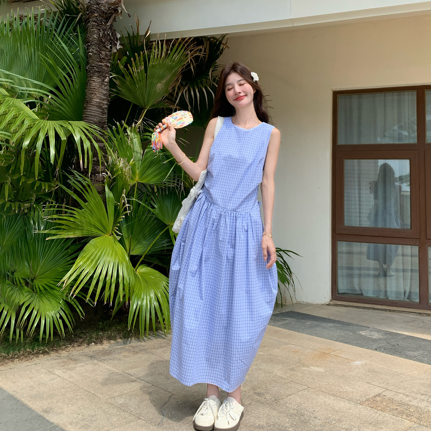 小清新蓝色格子无袖背心连衣裙女