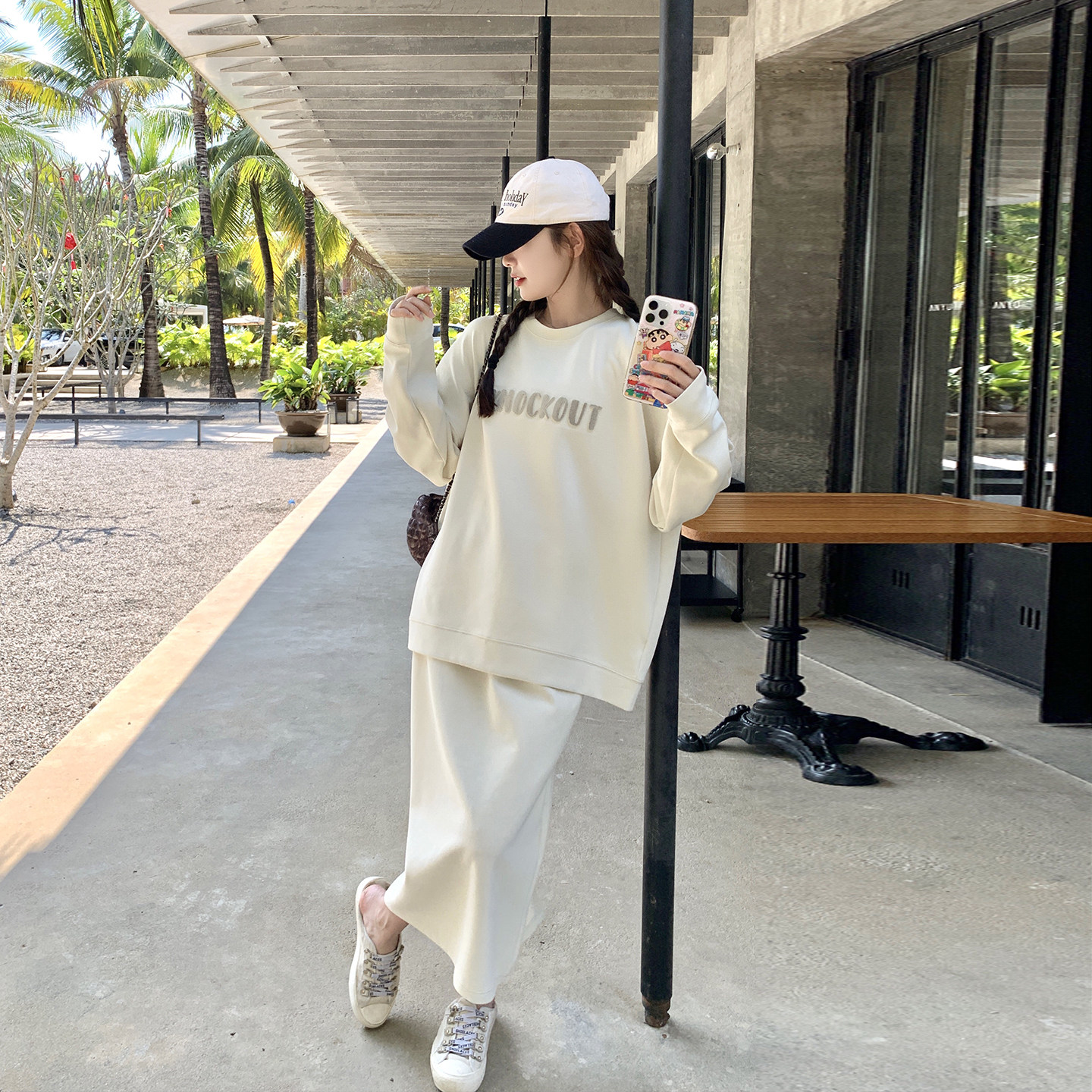 慵懒风针织米色字母卫衣套装女春季2026新款休闲运动半身裙两件套