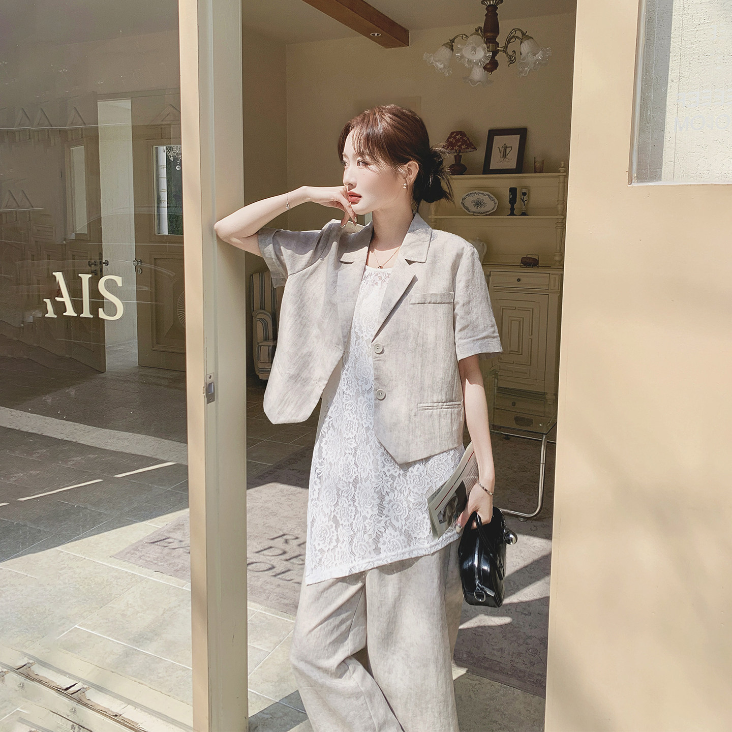 晕染西装蕾丝背心阔腿裤套装女夏季2026新款百搭复古巨好看三件套