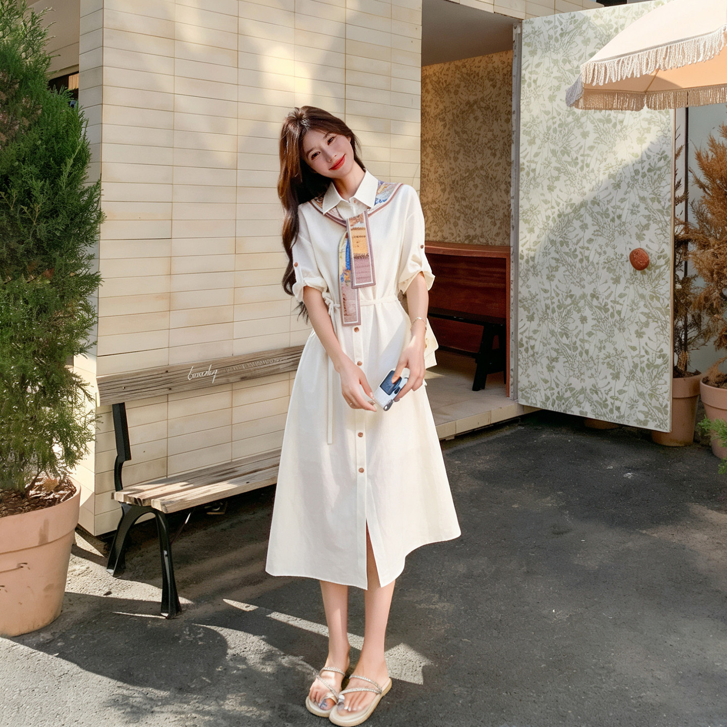 艺术感法式油画印花连衣裙女夏季2026新款收腰显瘦气质长款衬衫裙