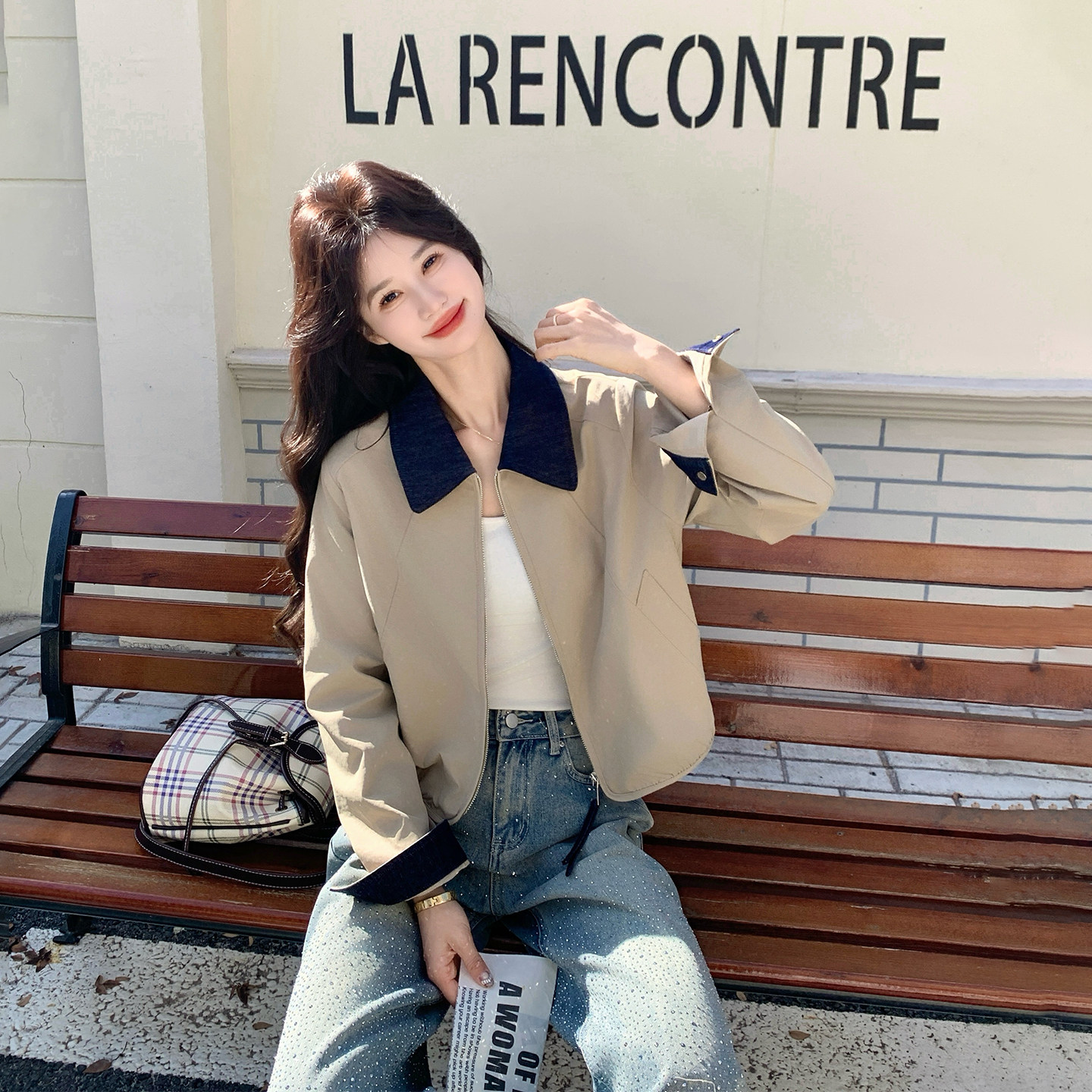 牛仔领卡其色超火减龄短外套女春季2026新款小个子巨好看夹克上衣