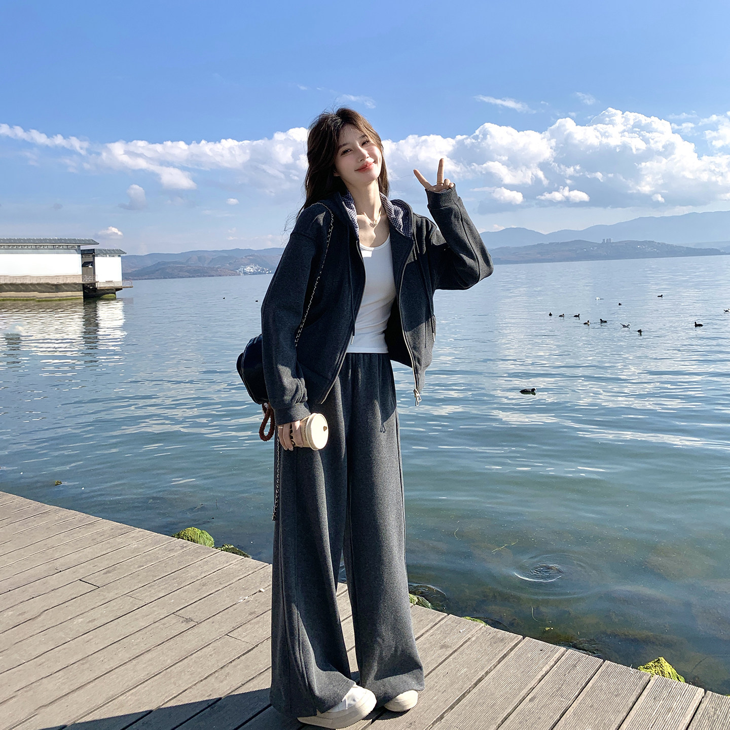 气质韩版高级感休闲运动套装女春季2026新款深灰色卫衣长裤两件套