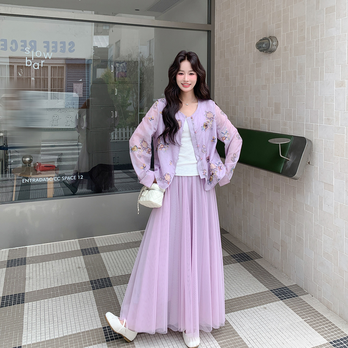 甜美立体蝴蝶紫色上衣半身裙套装女春季2026新款新中式国风两件套