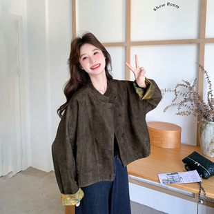 撞色拼接复古麂皮绒咖色短外套女春季2026新款超火减龄巨好看夹克