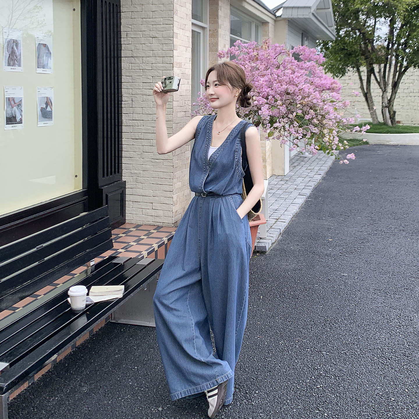 百搭韩系复古无袖牛仔连体裤女夏