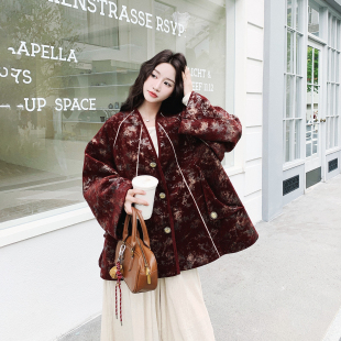复古红色雪尼尔提花V领外套女春季2026新款新中式国风氛围感夹克