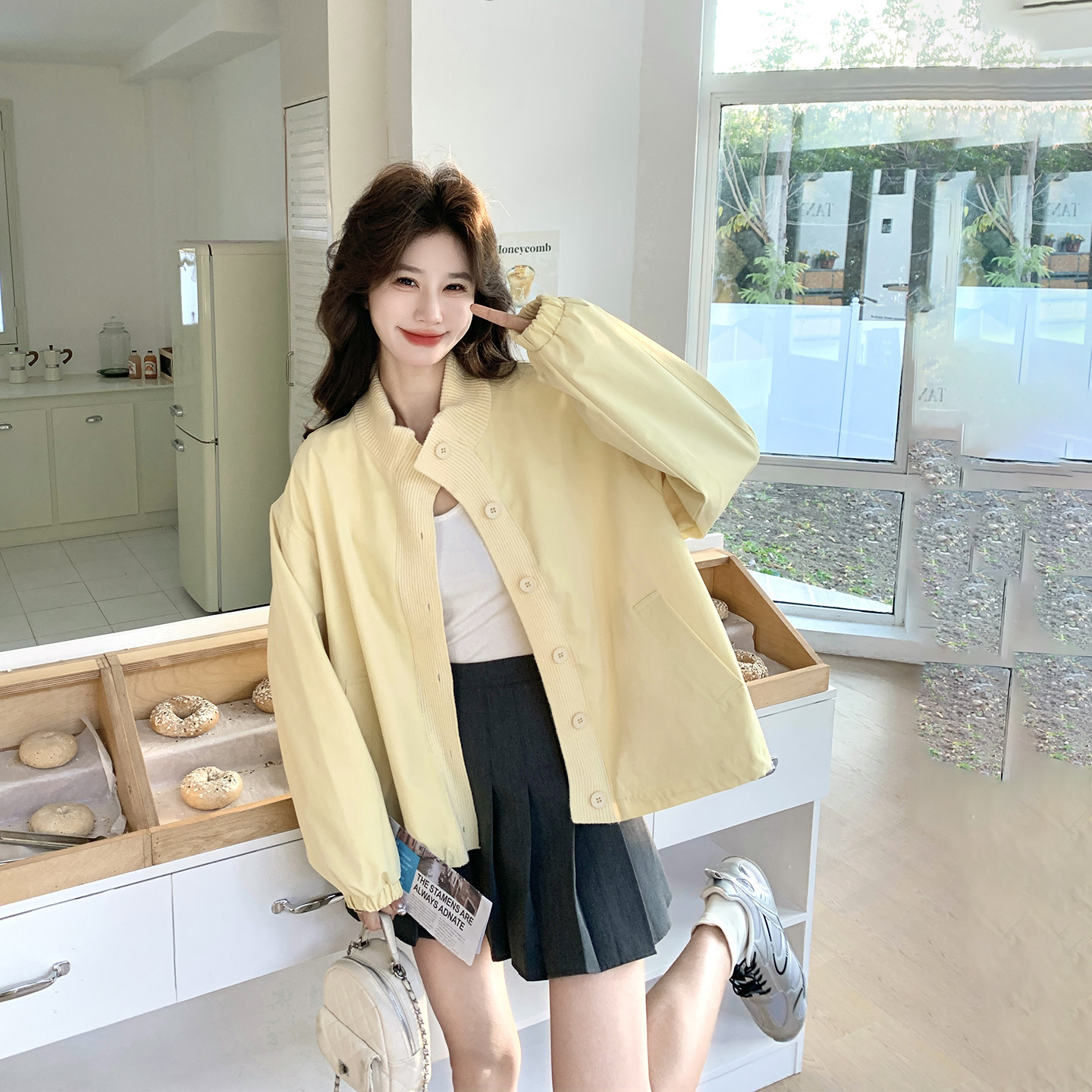 针织拼接黄色立领外套女春季2026新款今年流行爆款超好看洋气夹克