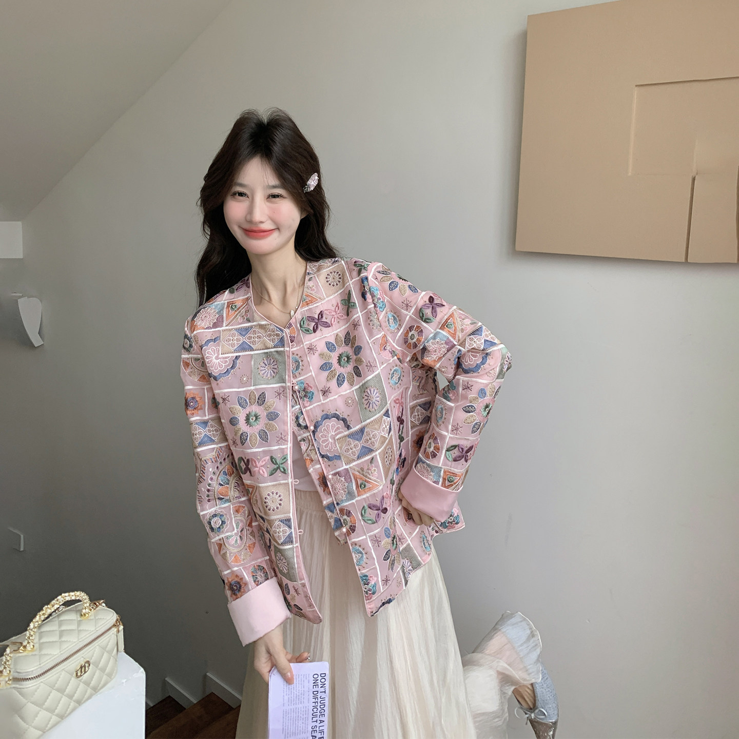 多巴胺欧根纱碎花短款圆领外套女