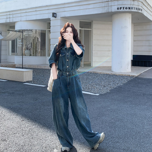 深蓝色烫钻露腰牛仔连体裤女夏季